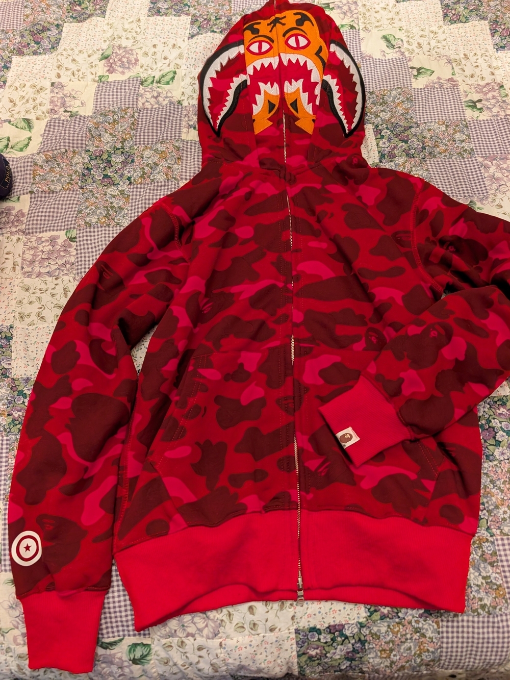 Bape Red Camo Shark Zip Hoodie Double Hood
